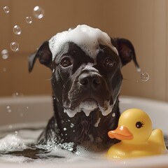 Dog enjoys a bubbly bath with a cheerful rubber duck in a cozy bathroom setting