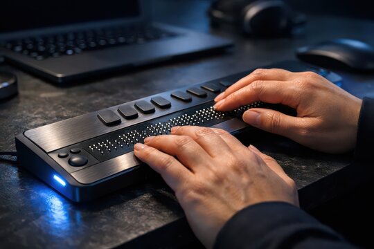 Person's hands typing on a braille display device with laptop in background technology