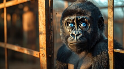Gorilla with striking blue eyes gazes through a rusty enclosure at sunset