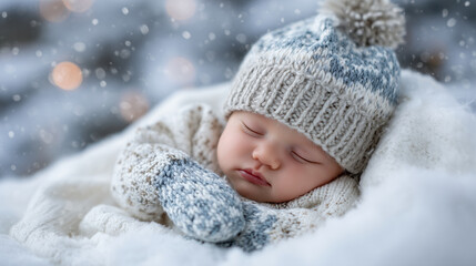 Macro view of baby in knitted winter hat and mittens, sleeping soundly in snowy environment, soft blanket underneath, snow-covered trees softly blurred in background, cozy winter s