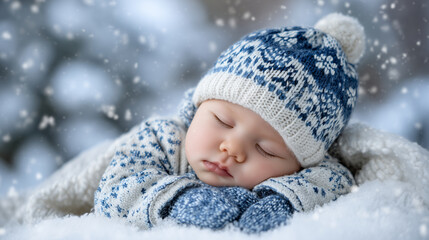 Macro view of baby in knitted winter hat and mittens, sleeping soundly in snowy environment, soft blanket underneath, snow-covered trees softly blurred in background, cozy winter s