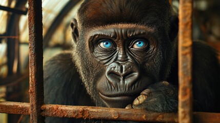 Intense gaze of a gorilla behind bars in a quiet moment of reflection