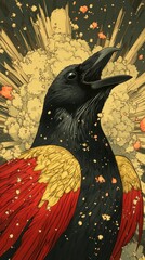 Majestic crow with vibrant wings surrounded by bursts of color in abstract setting