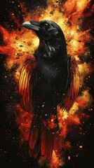 Majestic raven with fiery wings surrounded by a vibrant explosion of colors