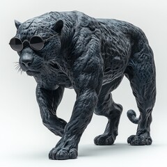 Unique black panther wearing sunglasses strides confidently across a light background