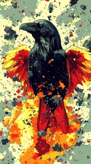 Colorful bird with fiery wings soaring through an artistic background of chaos