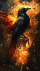 Majestic raven with fiery wings poised above an explosive landscape at dusk