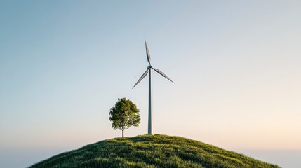 Wind turbine and tree on green hill against blue sky representing renewable energy