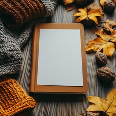 Cozy autumn scene with a journal fallen leaves and warm knitted items around