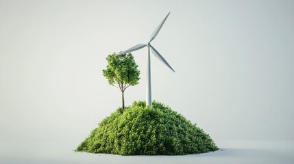 Wind turbine and tree on green hillock showing renewable energy concept