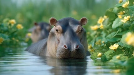 Hippos swimming serenely among blooming flowers in a lush wetland setting