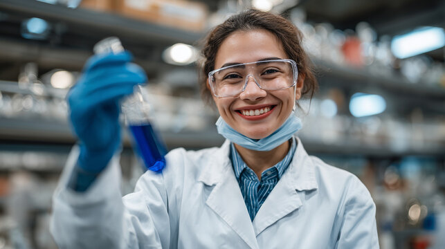 Young female scientist studying blue liquid in a test tube, gloves, goggles, and mask on, modern laboratory with chemical bottles and lab instruments in soft focus, professional re - Powered by Adobe