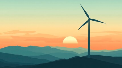 Wind turbine silhouette against sunset sky generating renewable energy