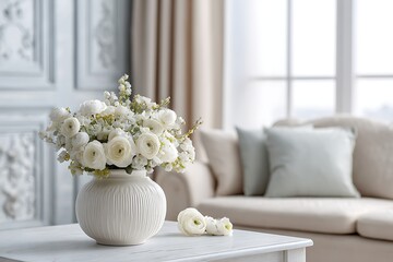 Elegant sitting area white vase with fresh flowers on table