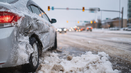 Damaged vehicle on icy road, rear dented and crumpled, snow piled around tires, traffic lights reflecting on wet surfaces, cold outdoor winter scene