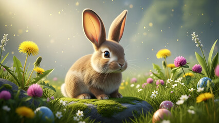Easter bunny with colorful eggs in spring meadow vector illustration