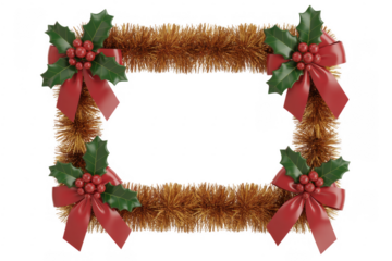 Christmas tinsel frame with ribbons and holly isolated on a transparent background