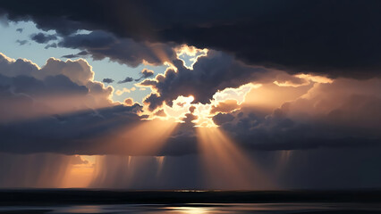 Dramatic sunset with sun rays piercing through dark clouds over serene water