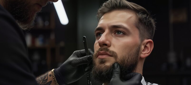 barber meticulously shaping a man's beard with a straight razor in a modern barbershop. - Powered by Adobe