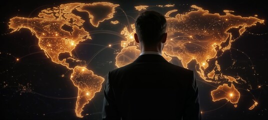 businessman looking at a glowing world map with connected network points representing global business and technology.