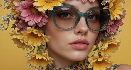 beautiful woman with floral crown and stylish eyeglasses on a yellow background.