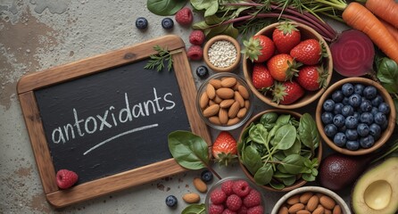 antioxidant rich foods with fresh fruits, nuts, and vegetables on a gray concrete surface with a chalkboard label.