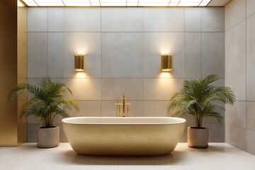 Elegant washroom freestanding bathtub plants and soft golden lamps