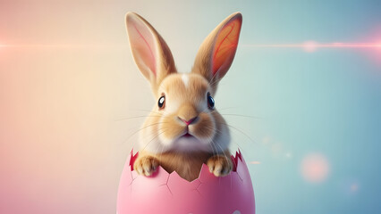 Cute Easter Bunny Peeking from Pink Egg Pastel Sunset Vector Illustration