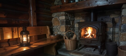 cozy log cabin interior with warm fireplace, rustic bench, and vintage lantern for inviting winter scenes.