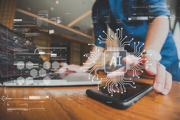 Ai technology conceptual, hands of man making decision activating ai operation