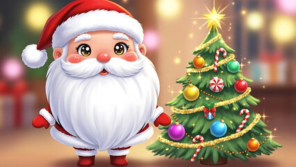 Jolly Santa Claus standing beside a brightly decorated Christmas tree