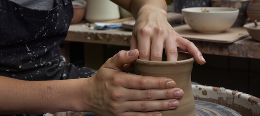 close-up of potter's hands shaping wet clay on a pottery wheel in a ceramics studio.