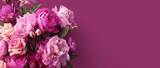 Floral Frame for International Women's Day and Mother's Day with Romantic Pink Peonies and Roses on Magenta Background with day, february 14, magenta