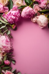 Floral Frame for International Women's Day and Mother's Day with Romantic Pink Peonies and Roses on Magenta Background with nature, february 14, woman