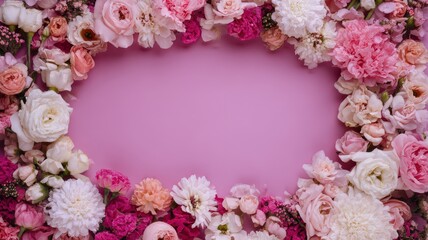 Floral Frame for International Women's Day and Mother's Day with Romantic Pink Peonies and Roses on Magenta Background with nature, february 14