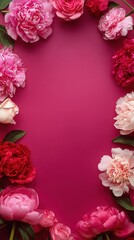 Floral Frame for International Women's Day and Mother's Day with Romantic Pink Peonies and Roses on Magenta Background with day, woman, magenta, nature