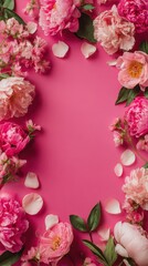 Floral Frame for International Women's Day and Mother's Day with Romantic Pink Peonies and Roses on Magenta Background with magenta, valentine, nature