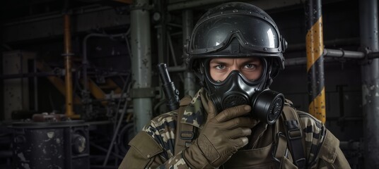 Obraz premium serious soldier in gas mask and tactical gear communicating on radio in industrial setting