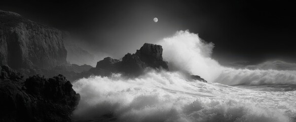 seaside cliff with crashing ocean waves against rugged rocks beneath