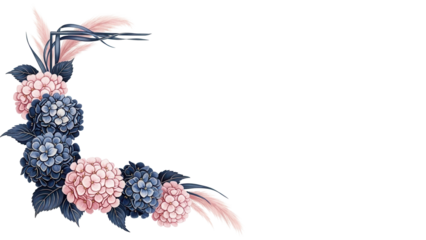 Luxury hand painted floral corner design with hydrangeas and pampas grass in navy and blush pink isolated on white background