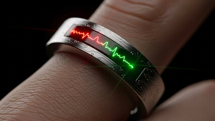 A close-up shot captures a sleek silver smart ring on a person's finger, displaying a dynamic red and green waveform representing a real-time heart rate or ECG reading on its integrated digital screen