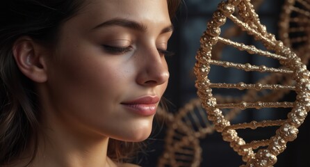 beautiful woman with closed eyes gazing at a golden dna model, representing genetics and healthcare concepts.