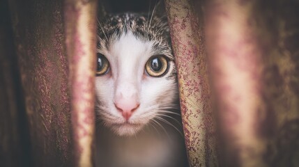 a mischievous cat playing inside a cozy living room peeking out from a torn curtain with a playful expression depicts a pet causing mischief and enjoying exploring its home environment