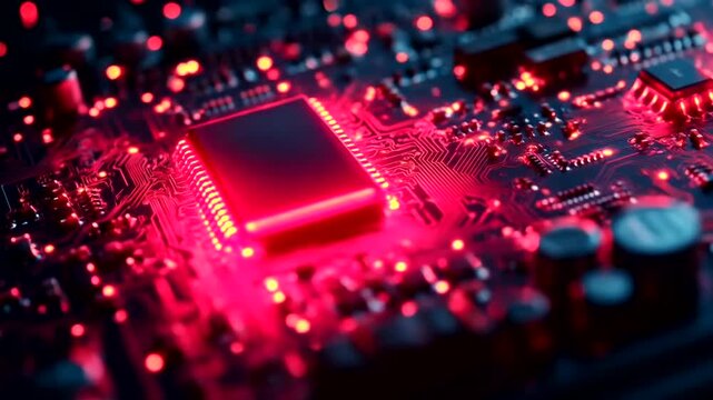Close up of a glowing red computer circuit board with a central processor.