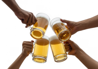 Four hands holding beer mugs celebration party isolated on a transparent background