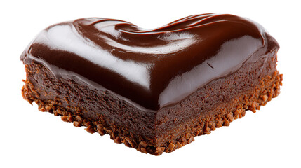 Delicious heart shaped chocolate fudge brownie with glossy glaze on background