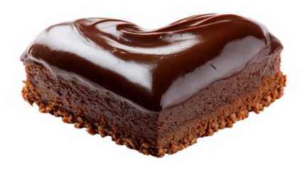 Delicious heart shaped chocolate fudge brownie with glossy glaze on background