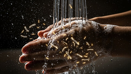 Hands are seen vigorously washing under a stream of running water and soap suds, with glowing yellow bacteria or germs visibly dissolving and dispersing, emphasizing effective hygiene.