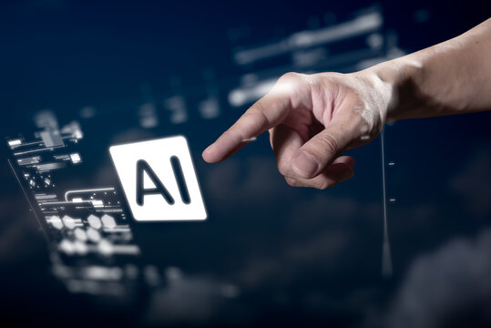 Ai technology conceptual, hands of man making decision activating ai operation - Powered by Adobe