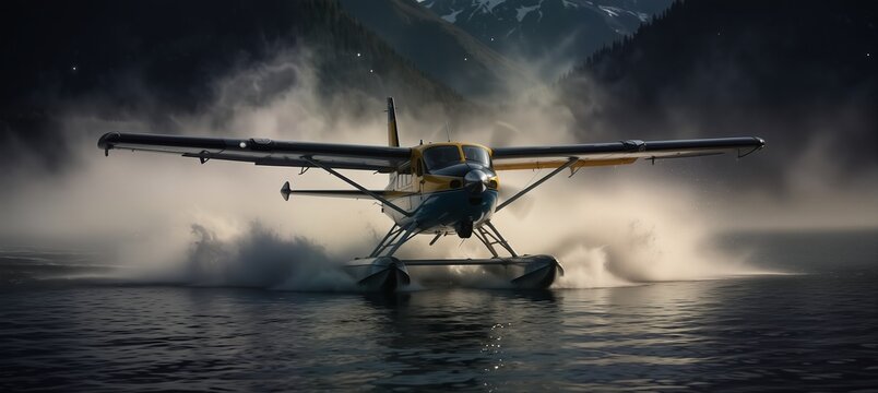 seaplane taking off from a remote lake with misty mountains in the background